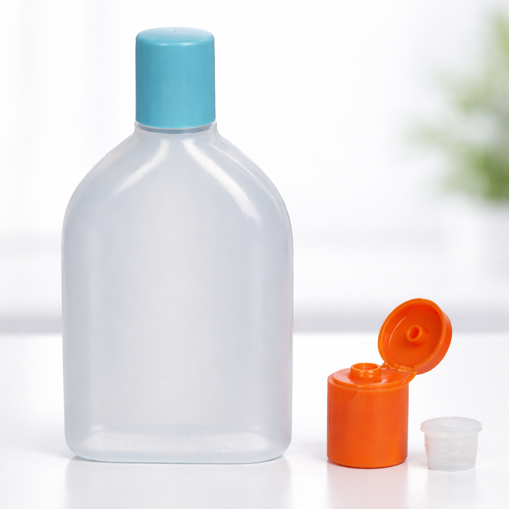 clear bottle with colorful caps